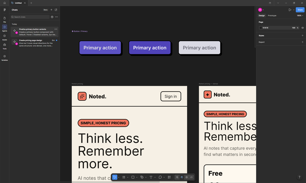 Figma Agents chat list next to Noted pricing frames generated on the canvas.