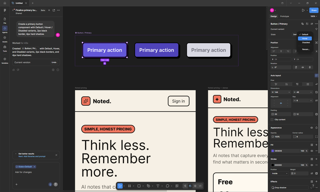 Figma design agent output of a Button / Primary component with Default, Hover, and Disabled variants.
