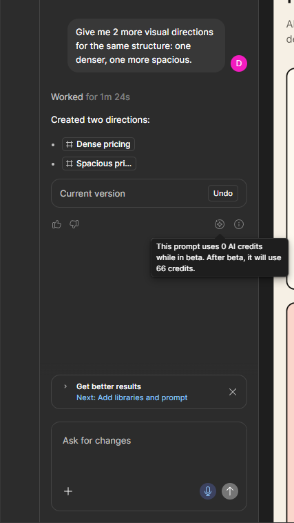 Figma AI agent beta chat showing 0 AI credits used in beta, with a post-beta estimate of 66 credits for the pricing prompt.