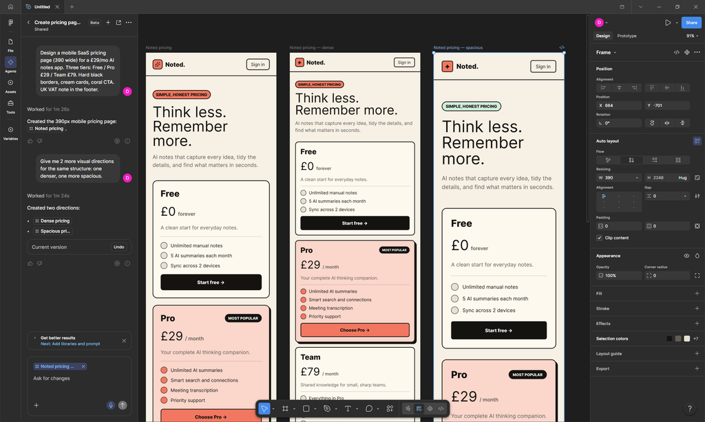 Use Figma's AI agents to design and tweak your frames.